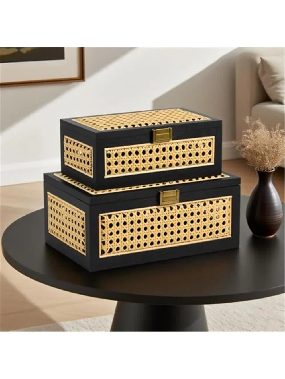 Rattan Storage Box Decorative Handmade Natural Wood Baskets with Lid